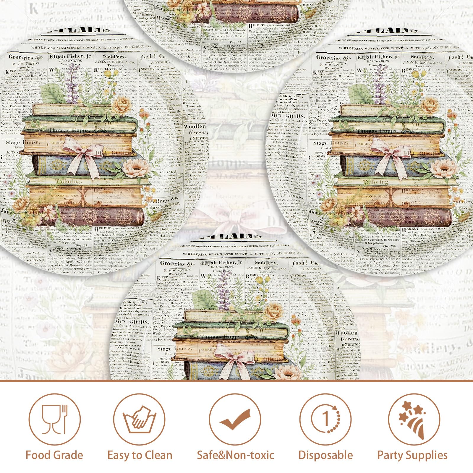 50 Pcs 9-inch Vintage Book Party Paper Plates - Grencian