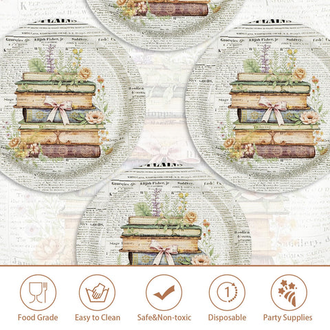 50 Pcs 9-inch Vintage Book Party Paper Plates - Grencian