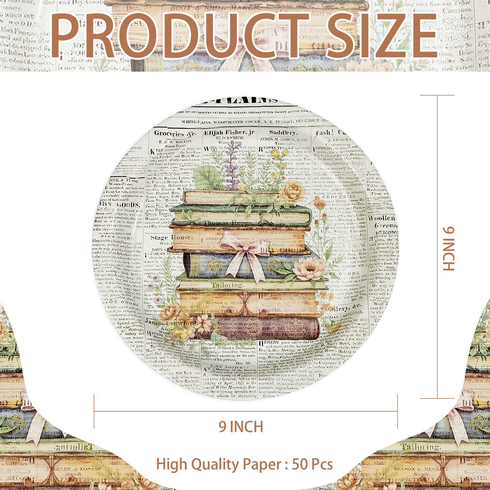 50 Pcs 9-inch Vintage Book Party Paper Plates - Grencian