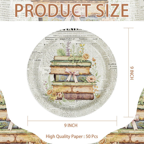 50 Pcs 9-inch Vintage Book Party Paper Plates - Grencian