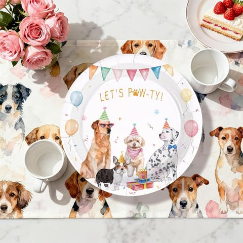 50 Pcs 9-inch Watercolor Puppy Party Paper Plates - Grencian