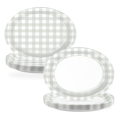 50 Pcs Beige Grid Oval Paper Plates - Grencian