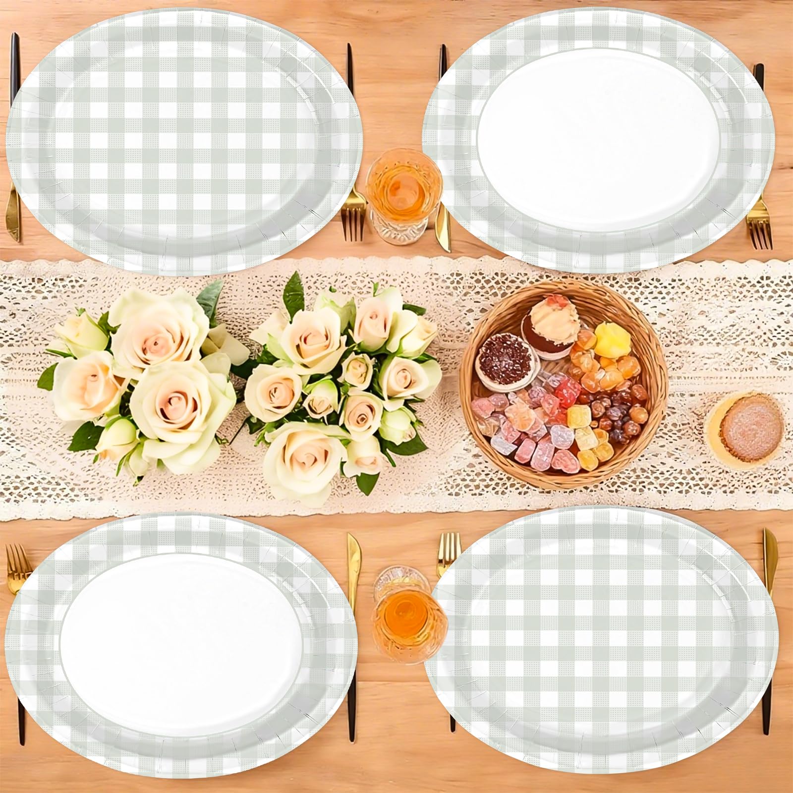 50 Pcs Beige Grid Oval Paper Plates - Grencian