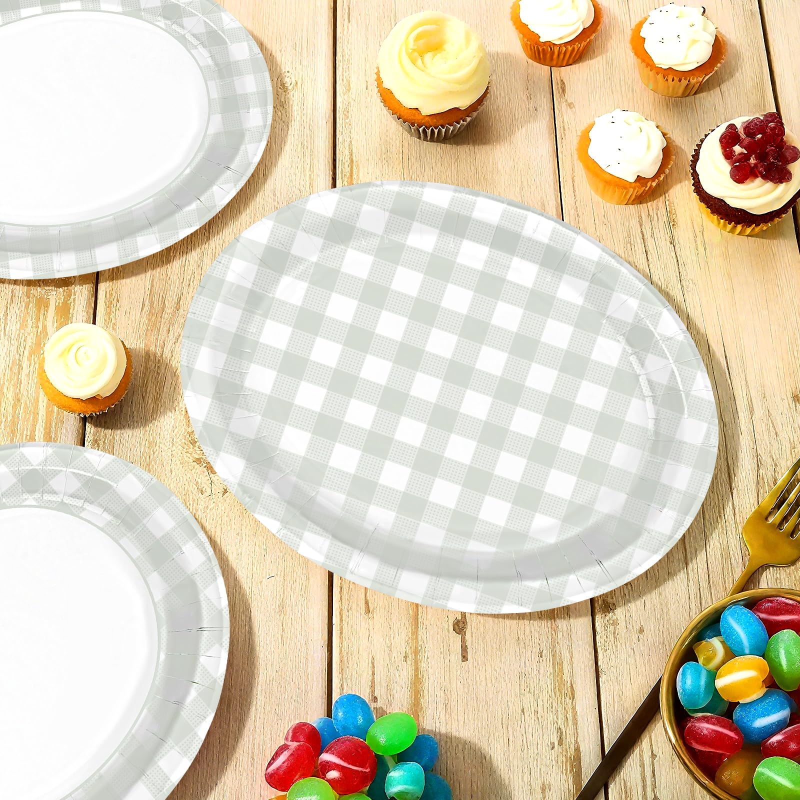 50 Pcs Beige Grid Oval Paper Plates - Grencian