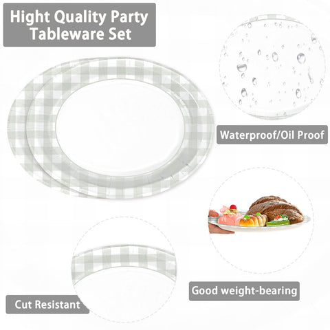 50 Pcs Beige Grid Oval Paper Plates - Grencian