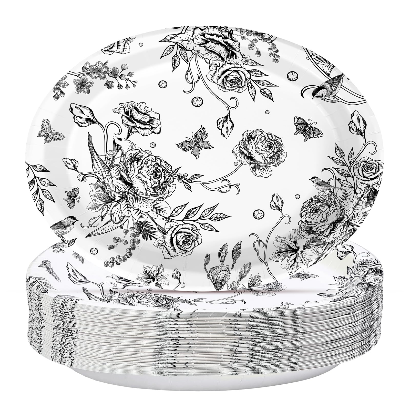 50 Pcs Black Floral Oval Party Paper Plates - Grencian