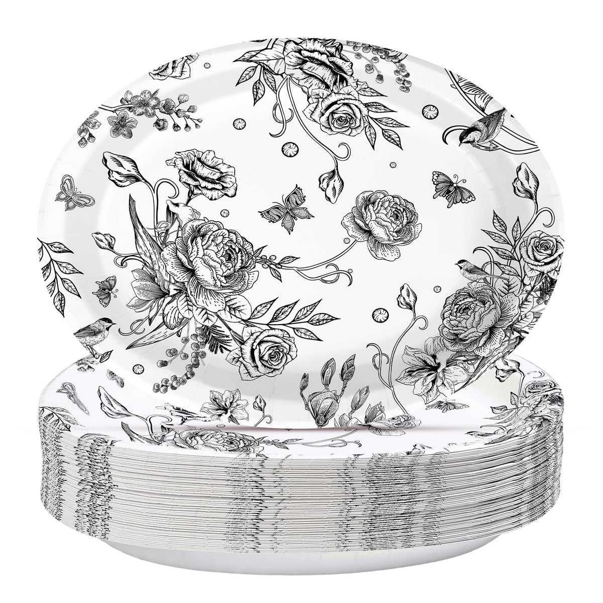 50 Pcs Black Floral Oval Party Paper Plates - Grencian