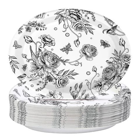 50 Pcs Black Floral Oval Party Paper Plates - Grencian