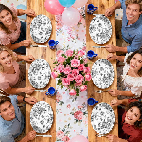 50 Pcs Black Floral Oval Party Paper Plates - Grencian