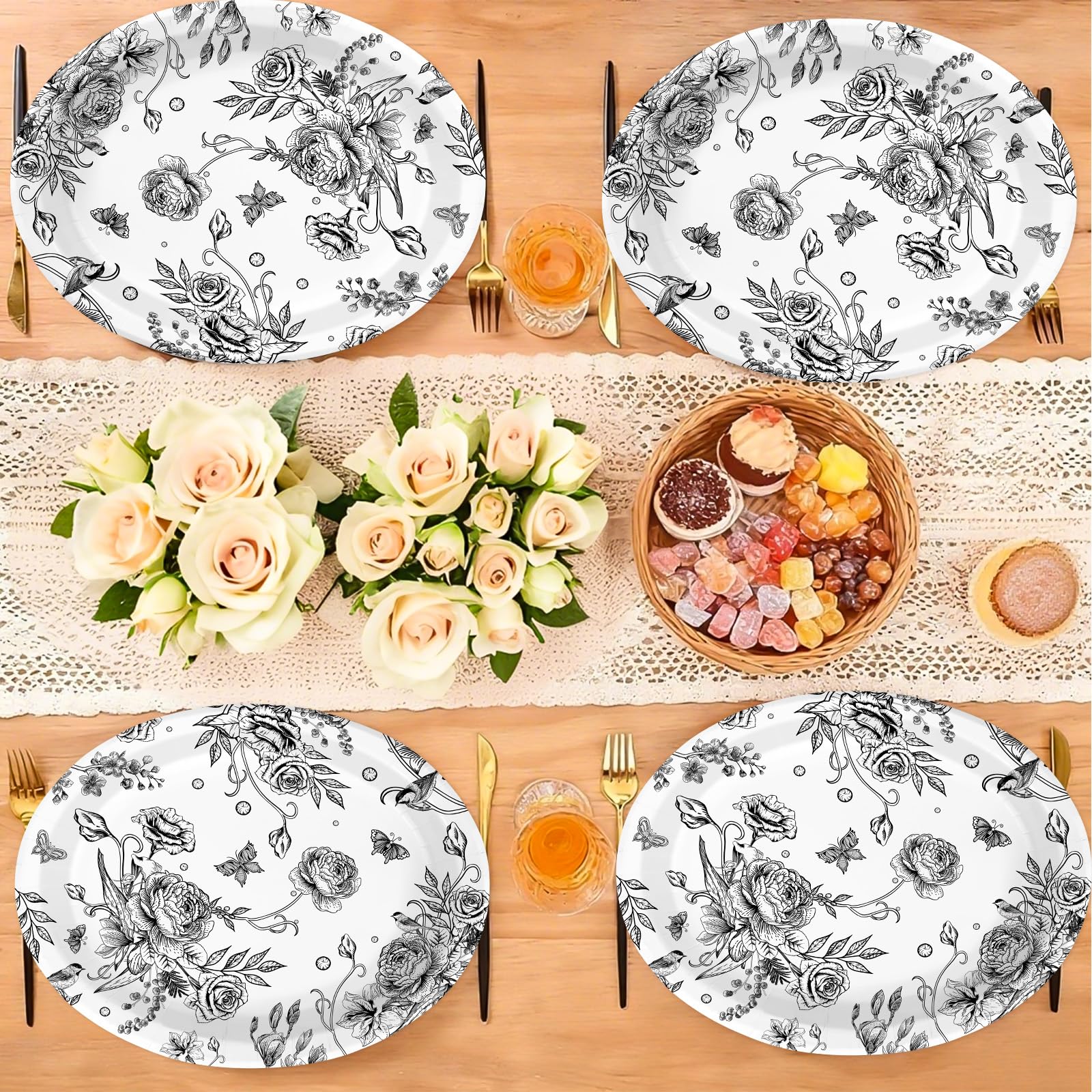 50 Pcs Black Floral Oval Party Paper Plates - Grencian