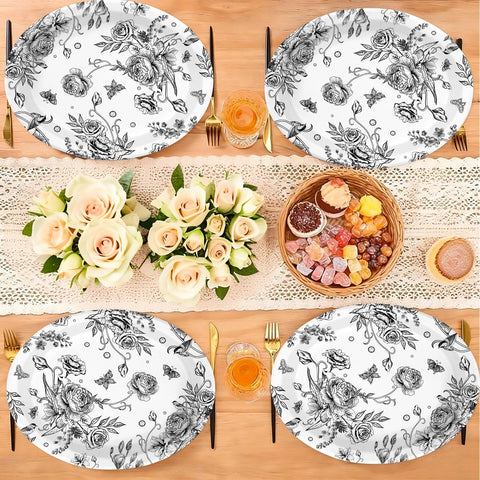 50 Pcs Black Floral Oval Party Paper Plates - Grencian