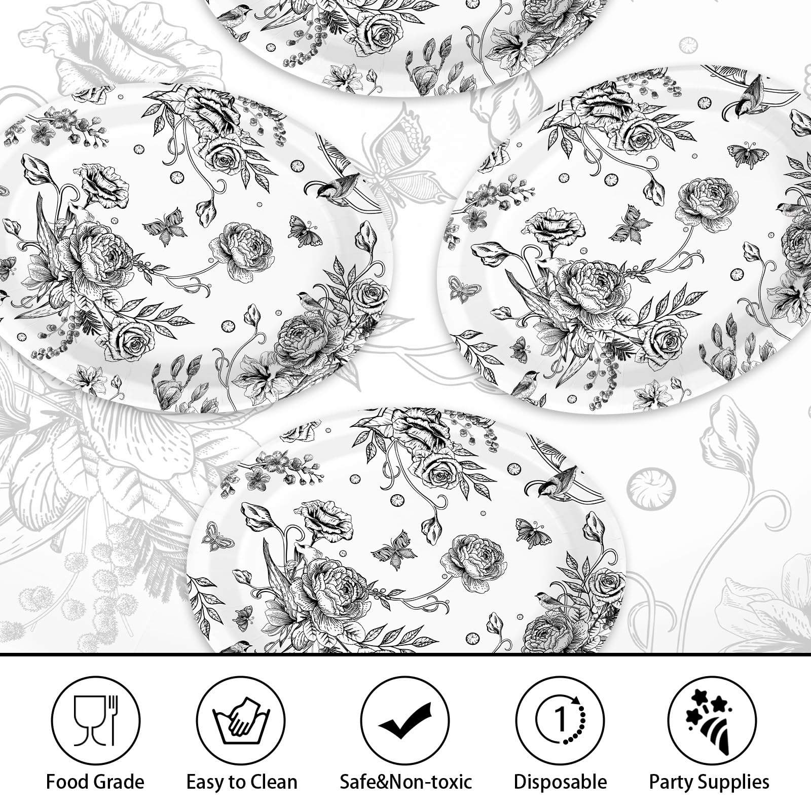 50 Pcs Black Floral Oval Party Paper Plates - Grencian