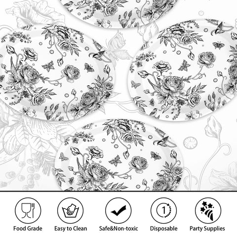 50 Pcs Black Floral Oval Party Paper Plates - Grencian