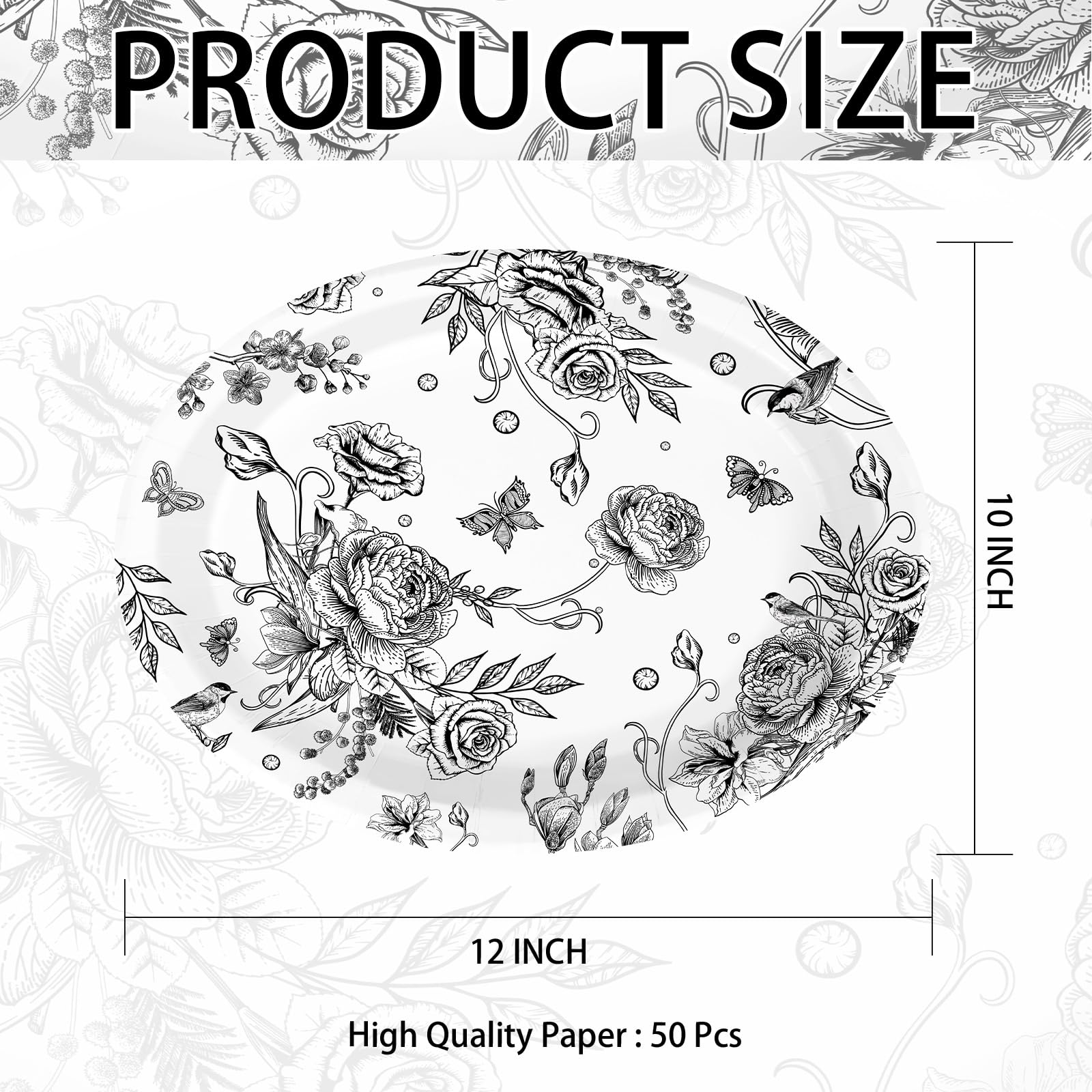50 Pcs Black Floral Oval Party Paper Plates - Grencian