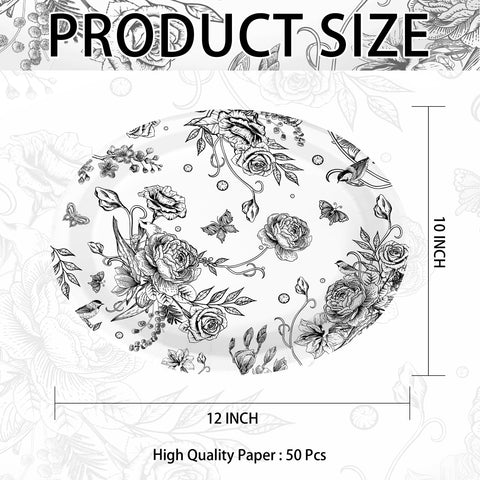50 Pcs Black Floral Oval Party Paper Plates - Grencian