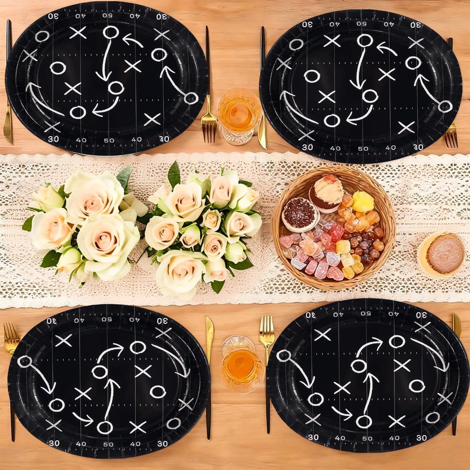 50 Pcs Black Football Oval Party Paper Plates - Grencian