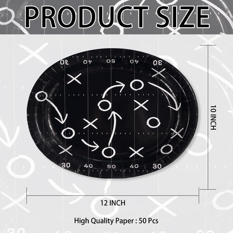 50 Pcs Black Football Oval Party Paper Plates - Grencian