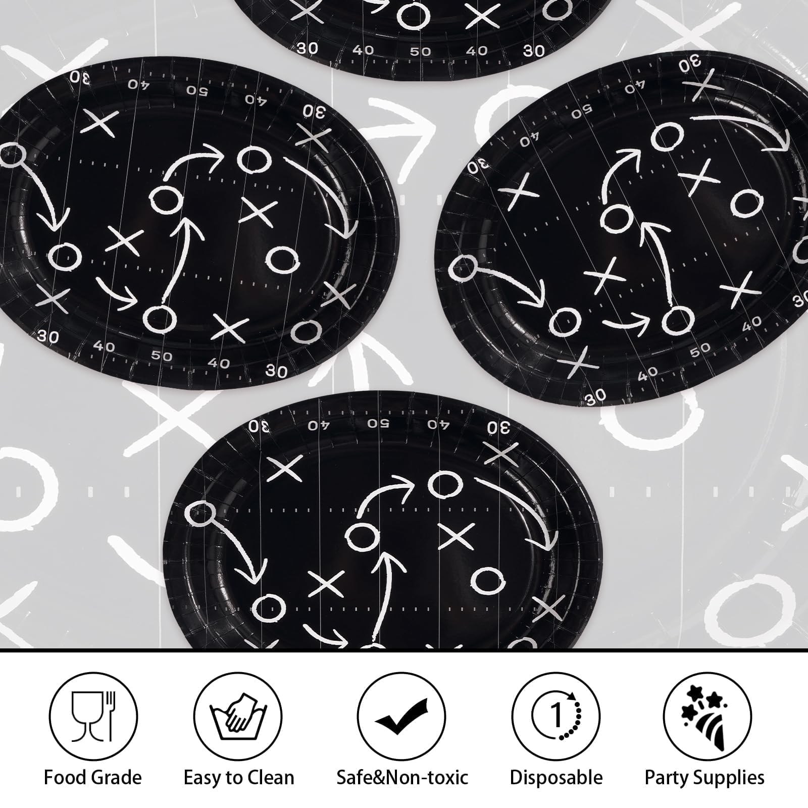 50 Pcs Black Football Oval Party Paper Plates - Grencian