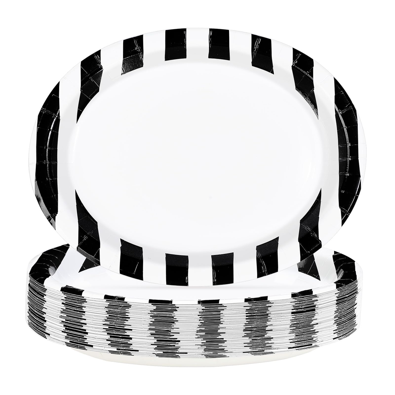 50 Pcs Black White Striped Oval Party Paper Plates - Grencian