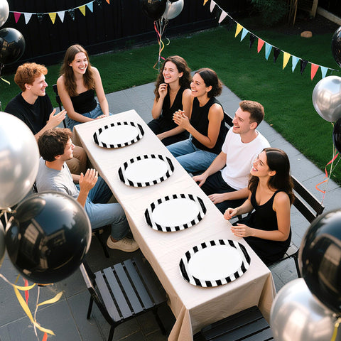 50 Pcs Black White Striped Oval Party Paper Plates - Grencian