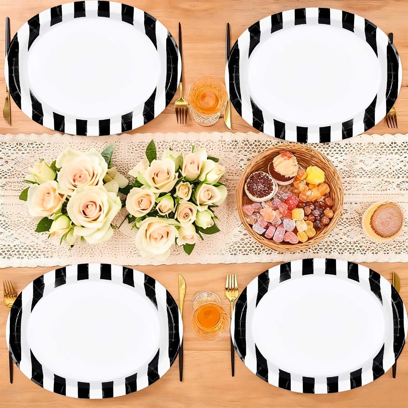 50 Pcs Black White Striped Oval Party Paper Plates - Grencian