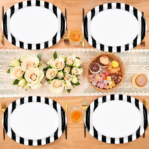 50 Pcs Black White Striped Oval Party Paper Plates - Grencian