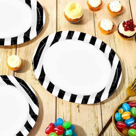 50 Pcs Black White Striped Oval Party Paper Plates - Grencian