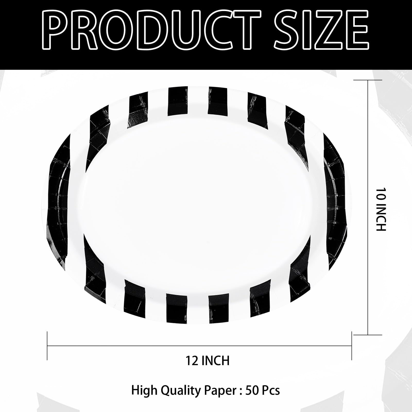 50 Pcs Black White Striped Oval Party Paper Plates - Grencian