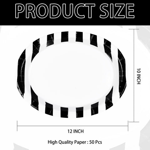 50 Pcs Black White Striped Oval Party Paper Plates - Grencian