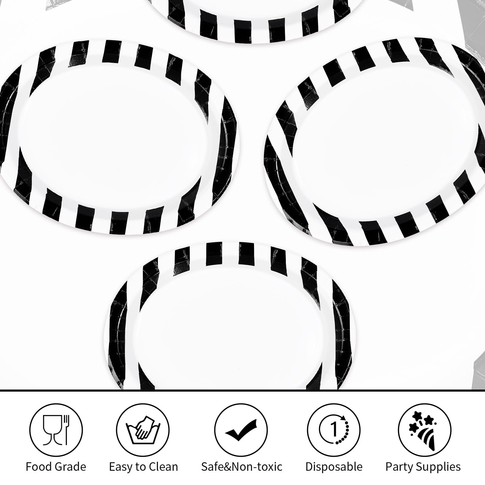 50 Pcs Black White Striped Oval Party Paper Plates - Grencian