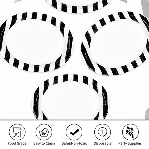50 Pcs Black White Striped Oval Party Paper Plates - Grencian