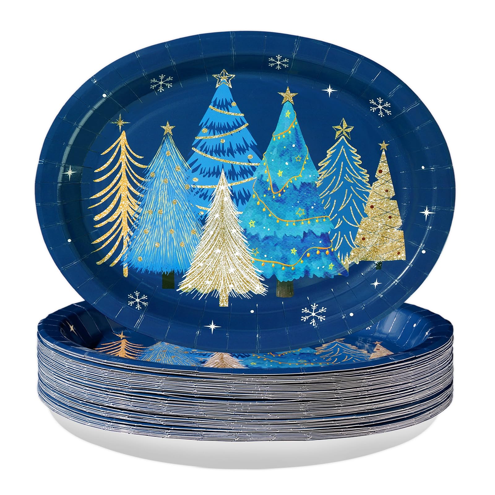 50 Pcs Blue Christmas Tree Oval Paper Plates - Grencian