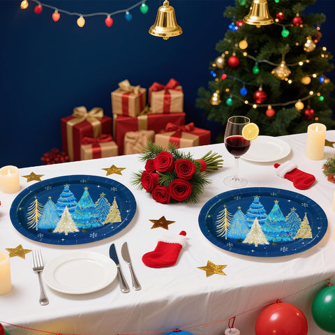 50 Pcs Blue Christmas Tree Oval Paper Plates - Grencian