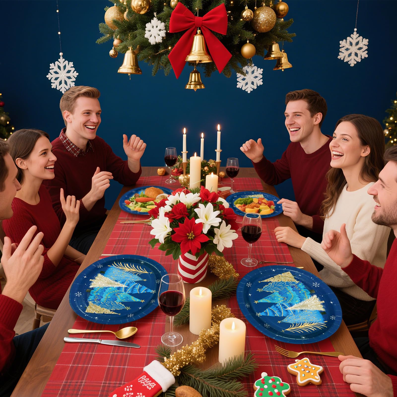 50 Pcs Blue Christmas Tree Oval Paper Plates - Grencian