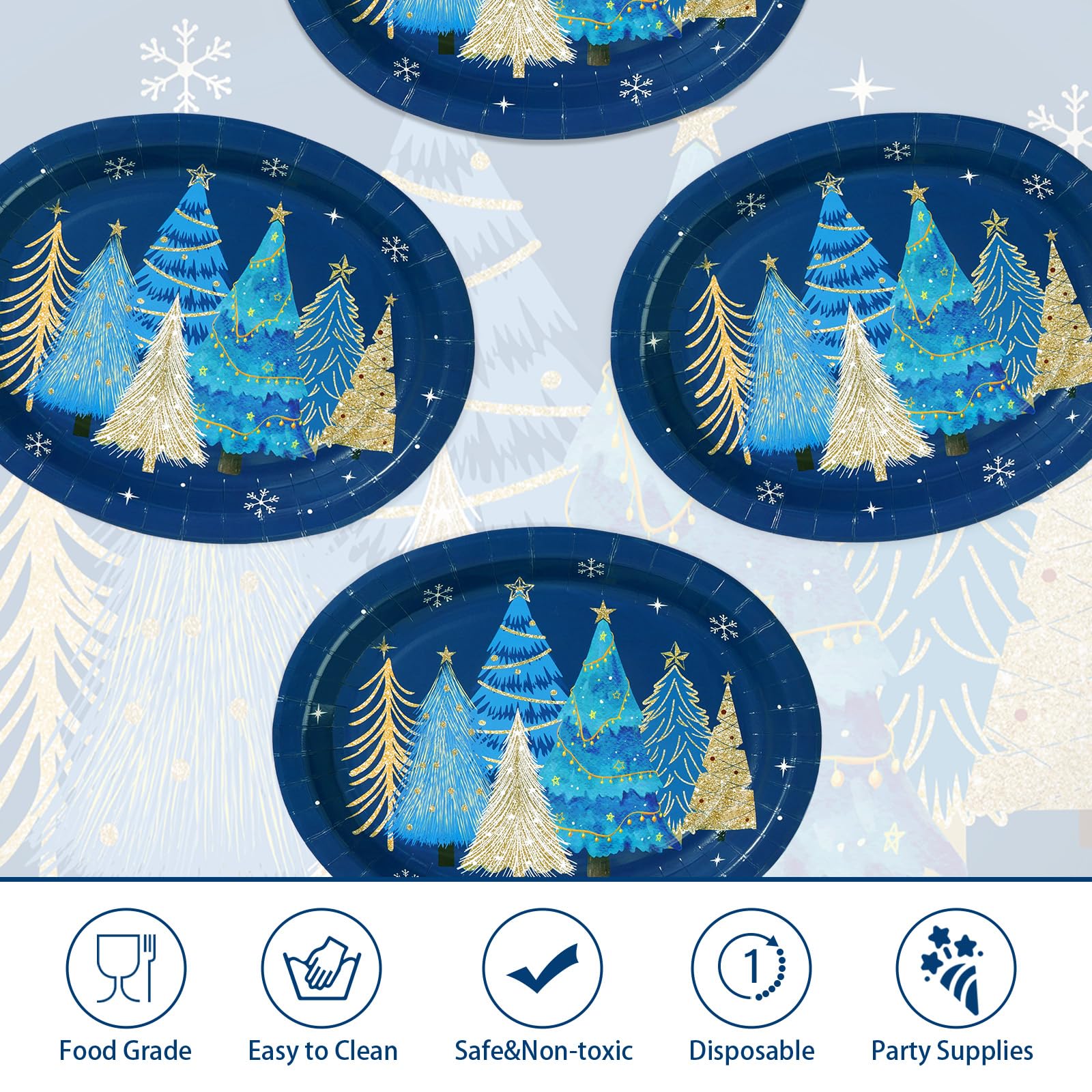 50 Pcs Blue Christmas Tree Oval Paper Plates - Grencian
