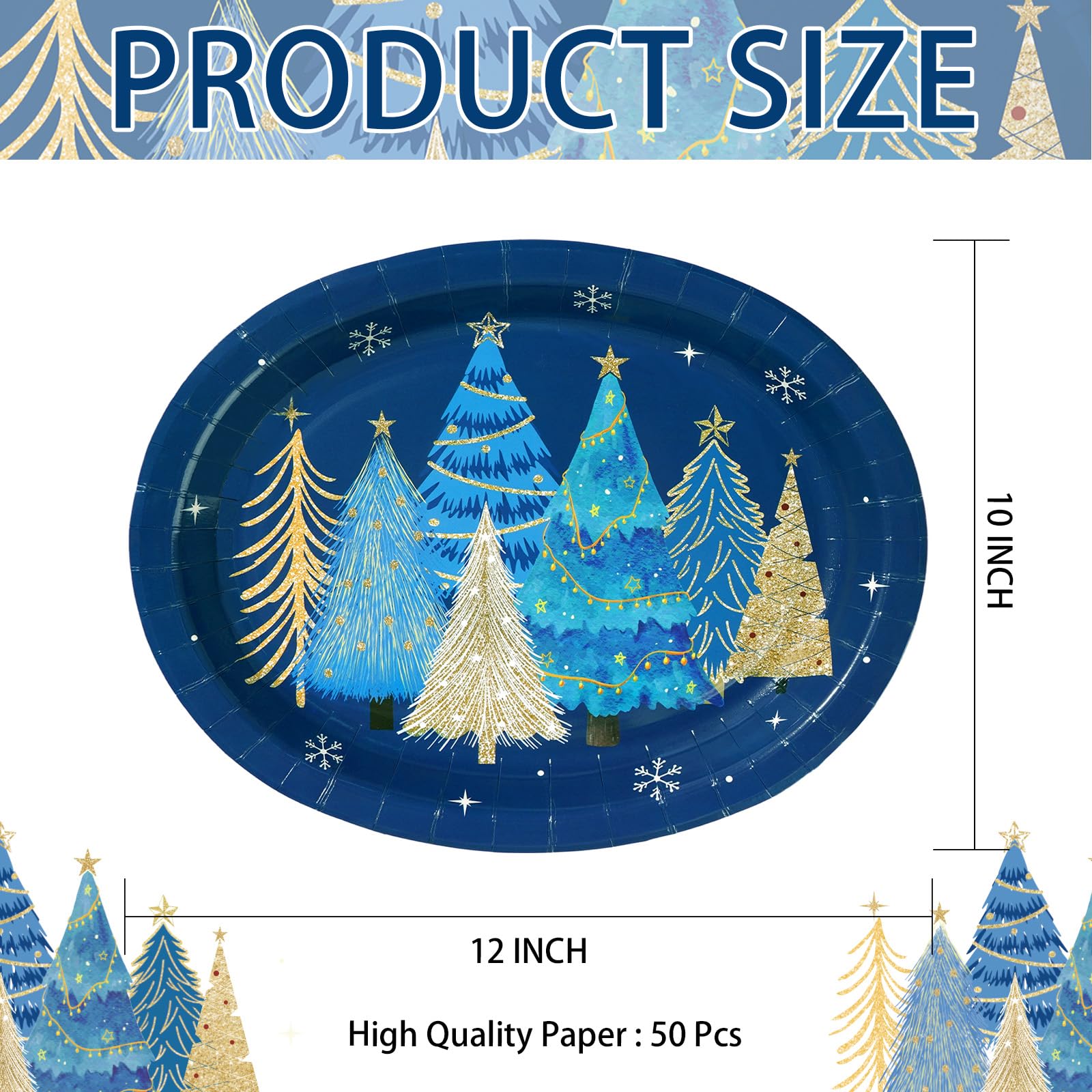 50 Pcs Blue Christmas Tree Oval Paper Plates - Grencian