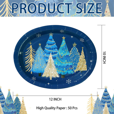 50 Pcs Blue Christmas Tree Oval Paper Plates - Grencian