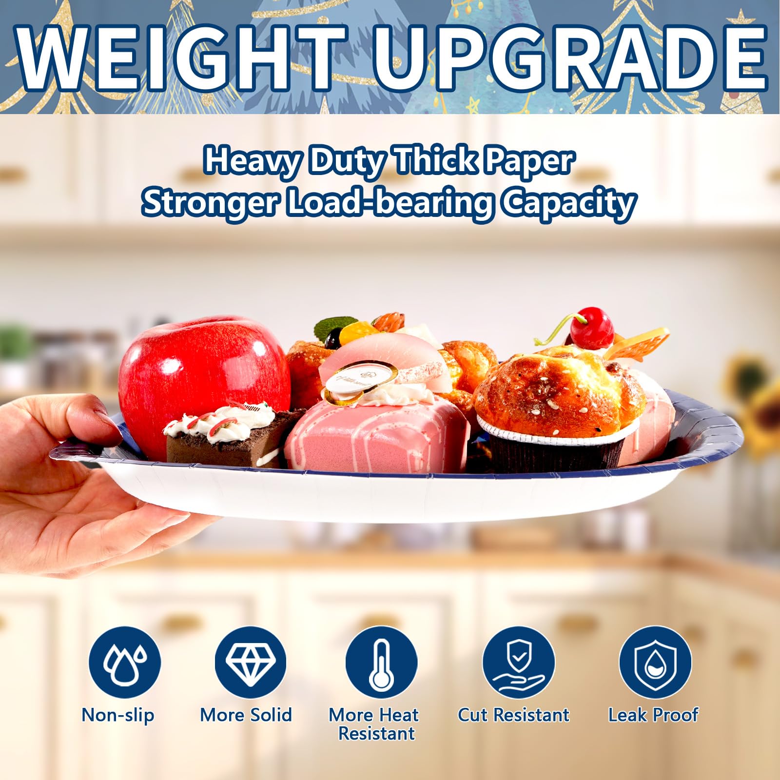 50 Pcs Blue Christmas Tree Oval Paper Plates - Grencian