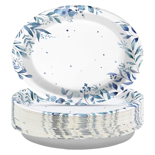 50 Pcs Blue Eucalyptus Oval Party Paper Plates - Grencian