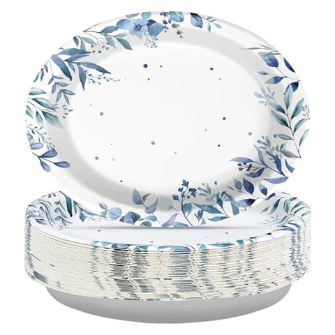 50 Pcs Blue Eucalyptus Oval Party Paper Plates - Grencian
