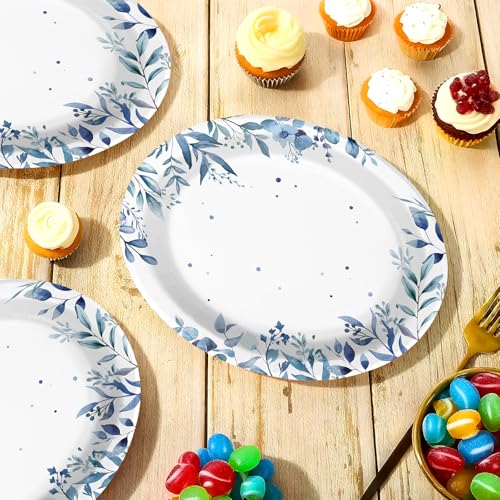 50 Pcs Blue Eucalyptus Oval Party Paper Plates - Grencian
