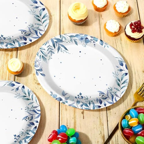 50 Pcs Blue Eucalyptus Oval Party Paper Plates - Grencian