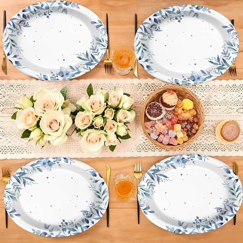 50 Pcs Blue Eucalyptus Oval Party Paper Plates - Grencian