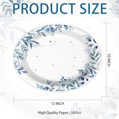 50 Pcs Blue Eucalyptus Oval Party Paper Plates - Grencian