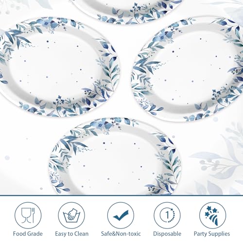 50 Pcs Blue Eucalyptus Oval Party Paper Plates - Grencian
