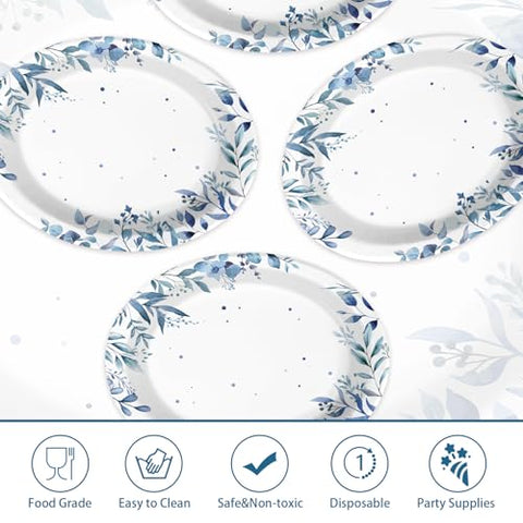 50 Pcs Blue Eucalyptus Oval Party Paper Plates - Grencian