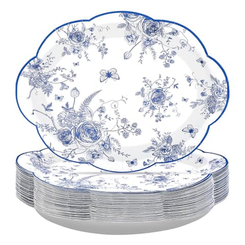 50Pcs Blue Floral Scalloped Oval Paper Plates - Grencian