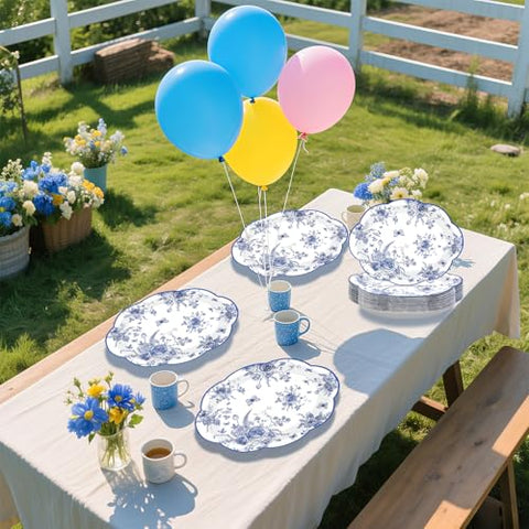 50Pcs Blue Floral Scalloped Oval Paper Plates - Grencian