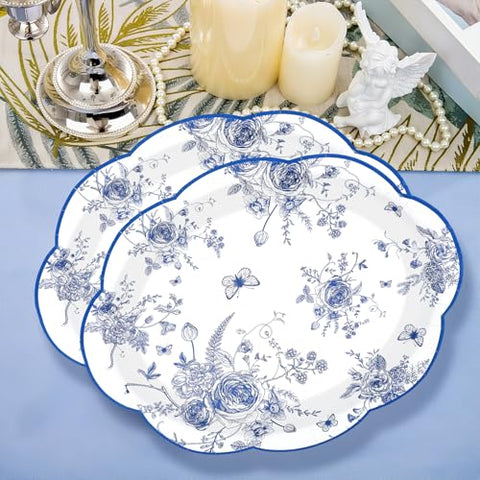 50Pcs Blue Floral Scalloped Oval Paper Plates - Grencian