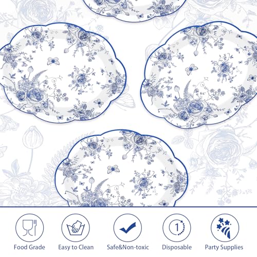 50Pcs Blue Floral Scalloped Oval Paper Plates - Grencian